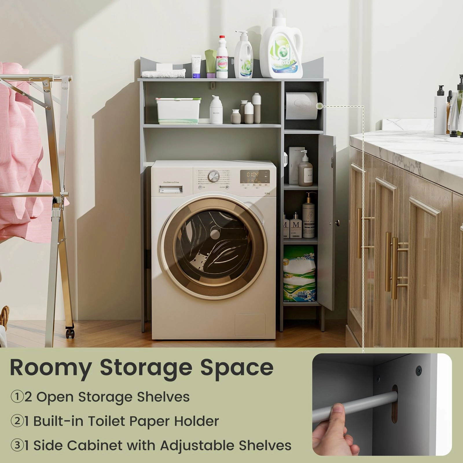 Giantex Over-The-Toilet Storage Cabinet, Bathroom Freestanding Space Saver with 1-Door Side Storage Cabinet & Paper Holder