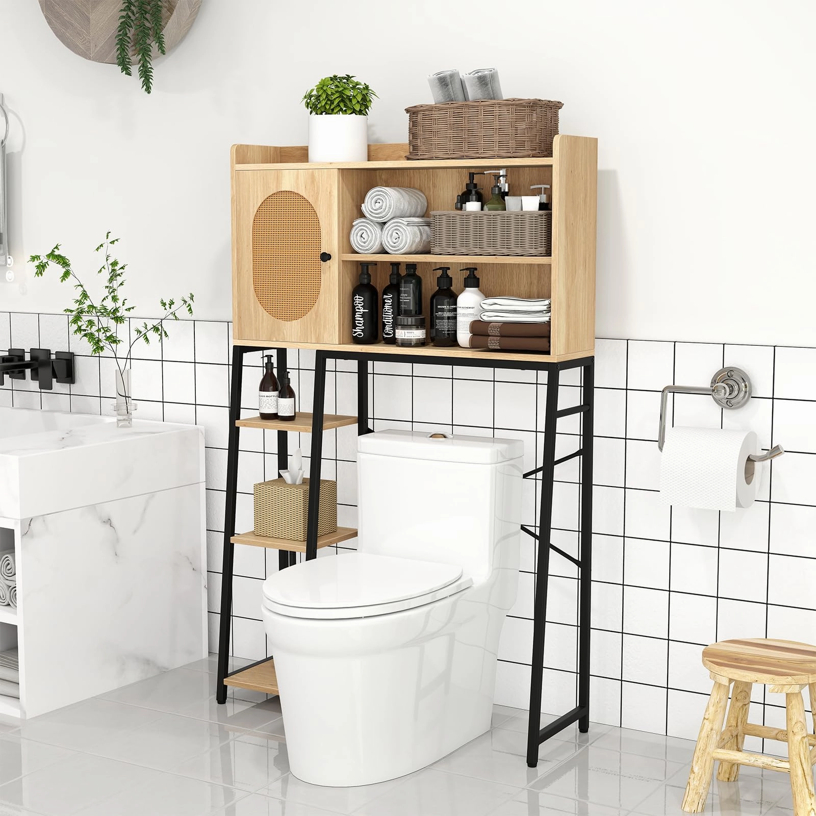 Giantex Over The Toilet Storage Cabinet, Freestanding Storage Organizer Above Toilet with PE Rattan Door and Adjustable Shelf