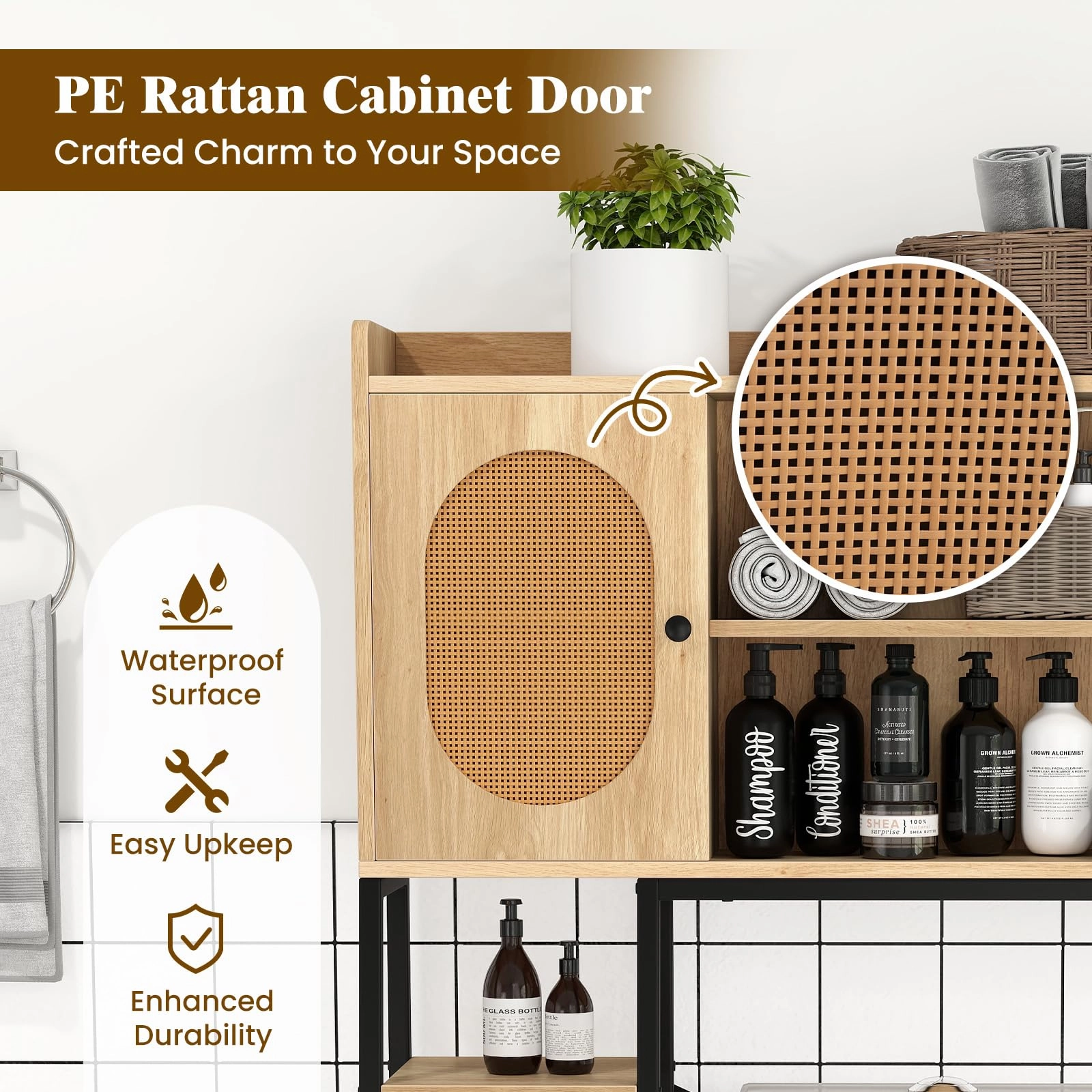 Giantex Over The Toilet Storage Cabinet, Freestanding Storage Organizer Above Toilet with PE Rattan Door and Adjustable Shelf