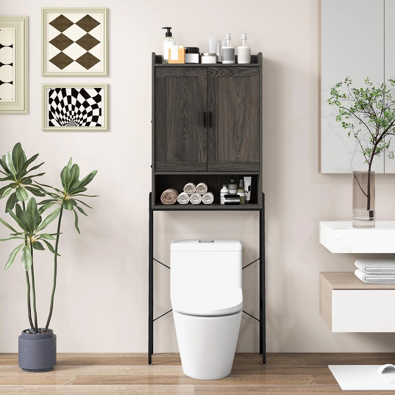 Giantex Over The Toilet Storage Cabinet, Industrial Bathroom Organizer w/Trapezoid Metal Frame