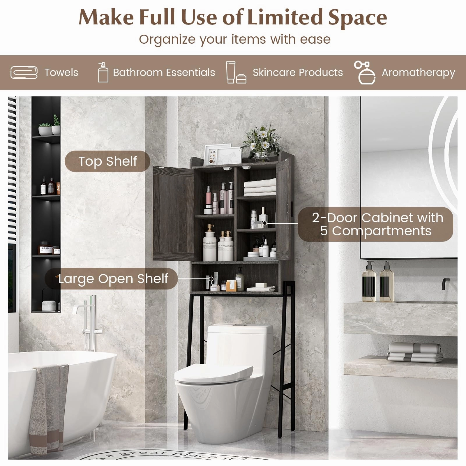 Giantex Over The Toilet Storage Cabinet, Industrial Bathroom Organizer w/Trapezoid Metal Frame