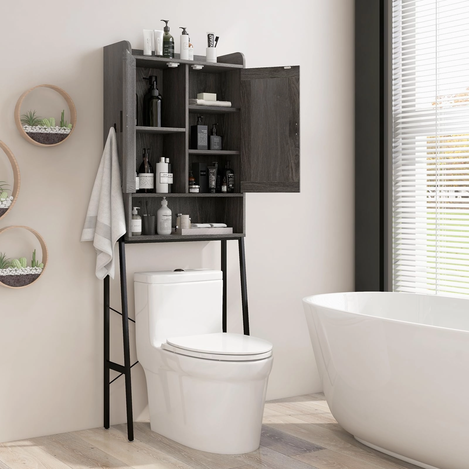 Giantex Over The Toilet Storage Cabinet, Industrial Bathroom Organizer w/Trapezoid Metal Frame