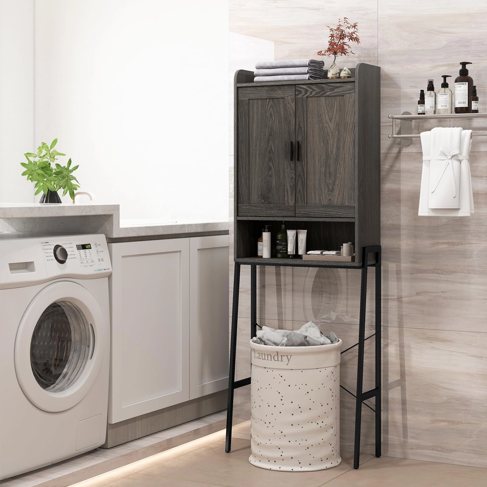 Giantex Over The Toilet Storage Cabinet, Industrial Bathroom Organizer w/Trapezoid Metal Frame