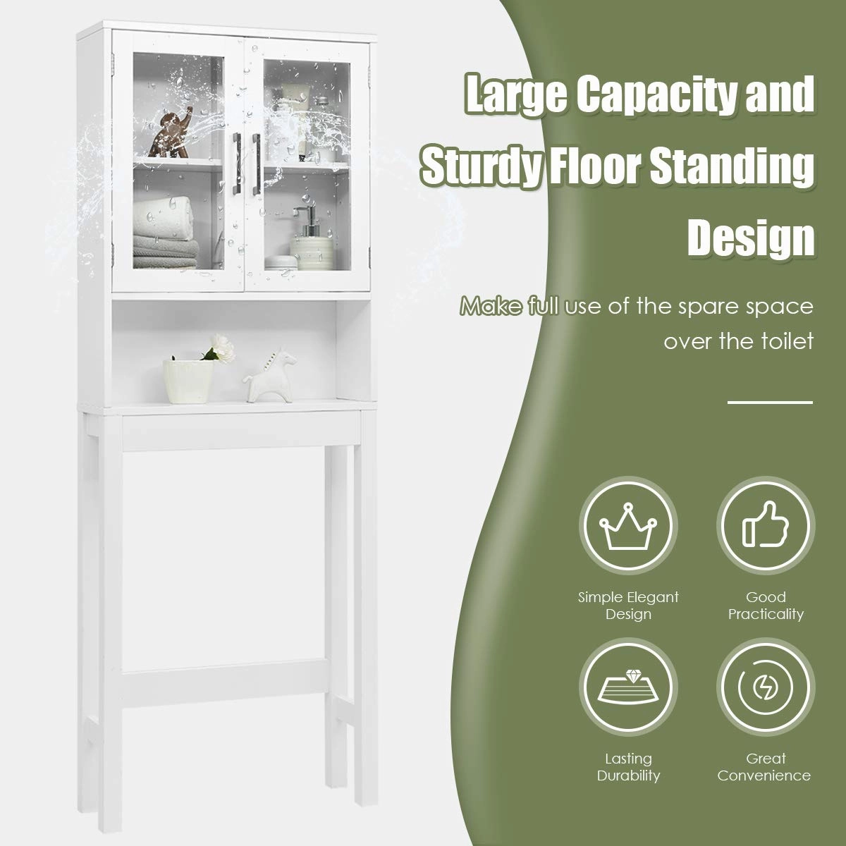 Giantex Over-The-Toilet Storage Cabinet W/Tempered Glass Doors, 3-Position Adjustable Shelf