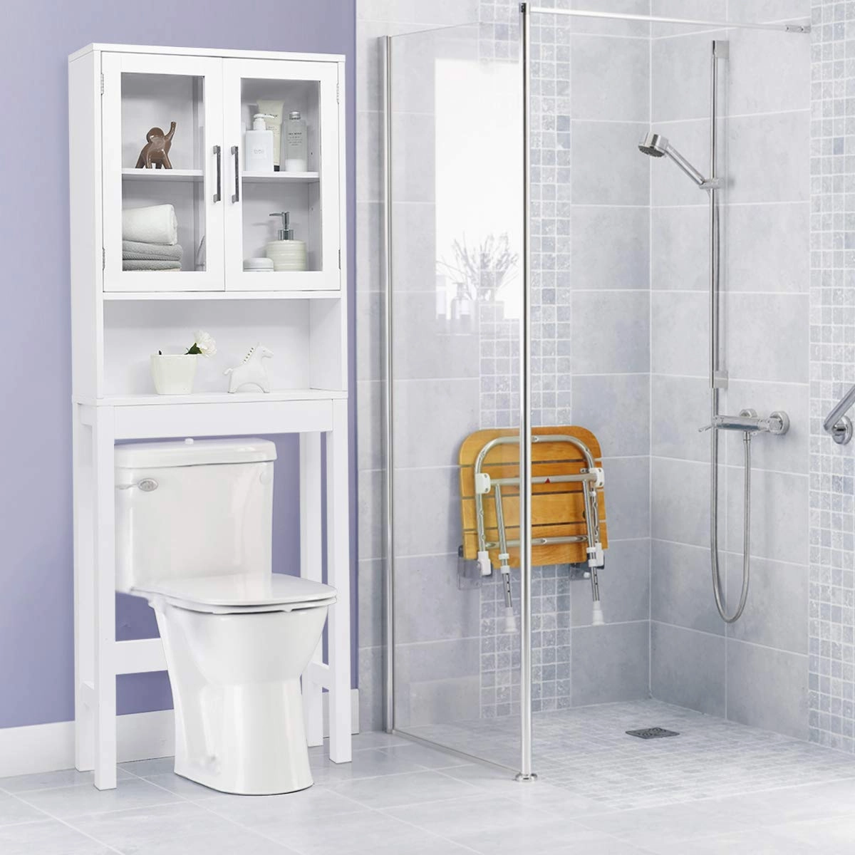 Giantex Over-The-Toilet Storage Cabinet W/Tempered Glass Doors, 3-Position Adjustable Shelf