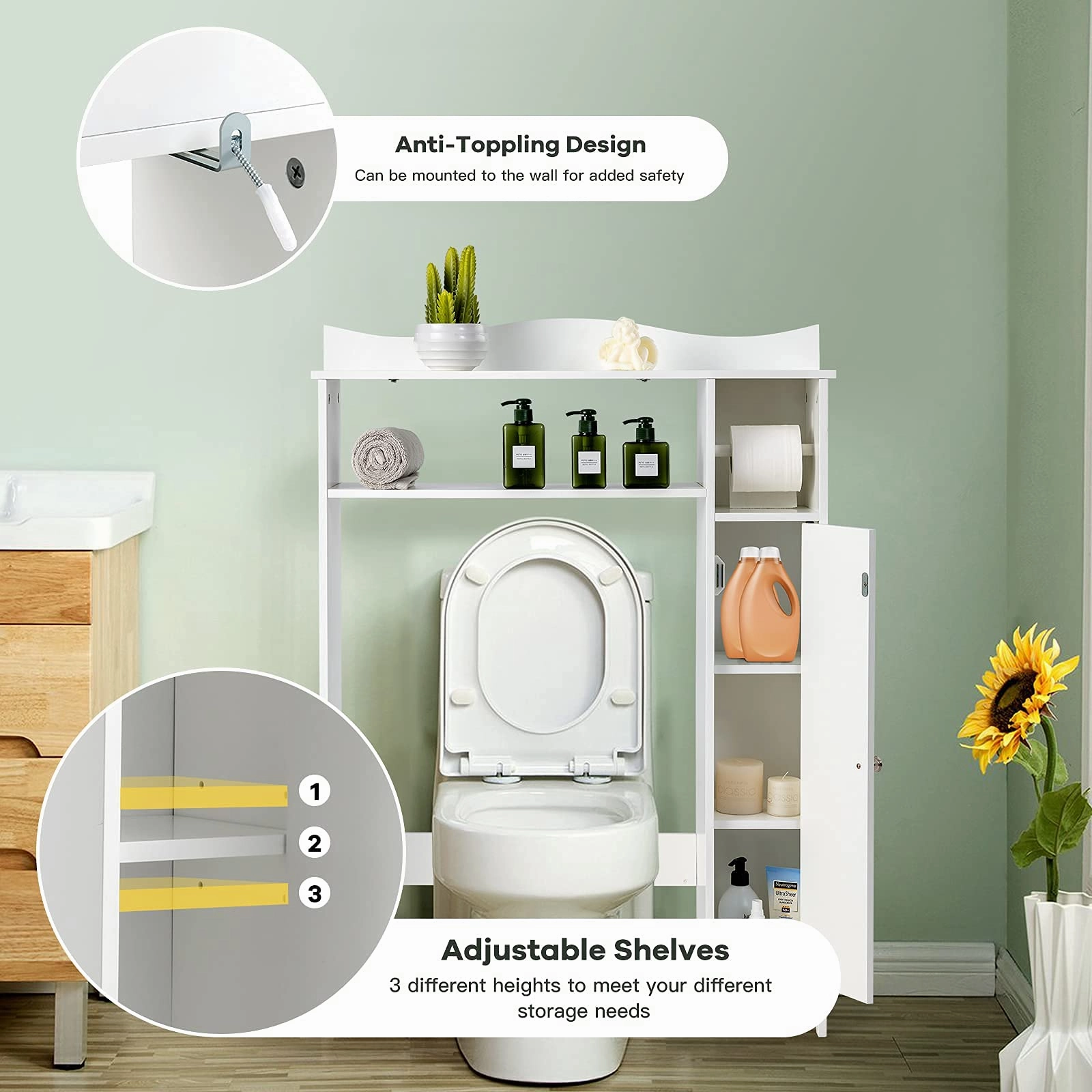 Giantex Over-The-Toilet Storage Rack, Bathroom Freestanding Space Saver with 1-Door Side Storage Cabinet
