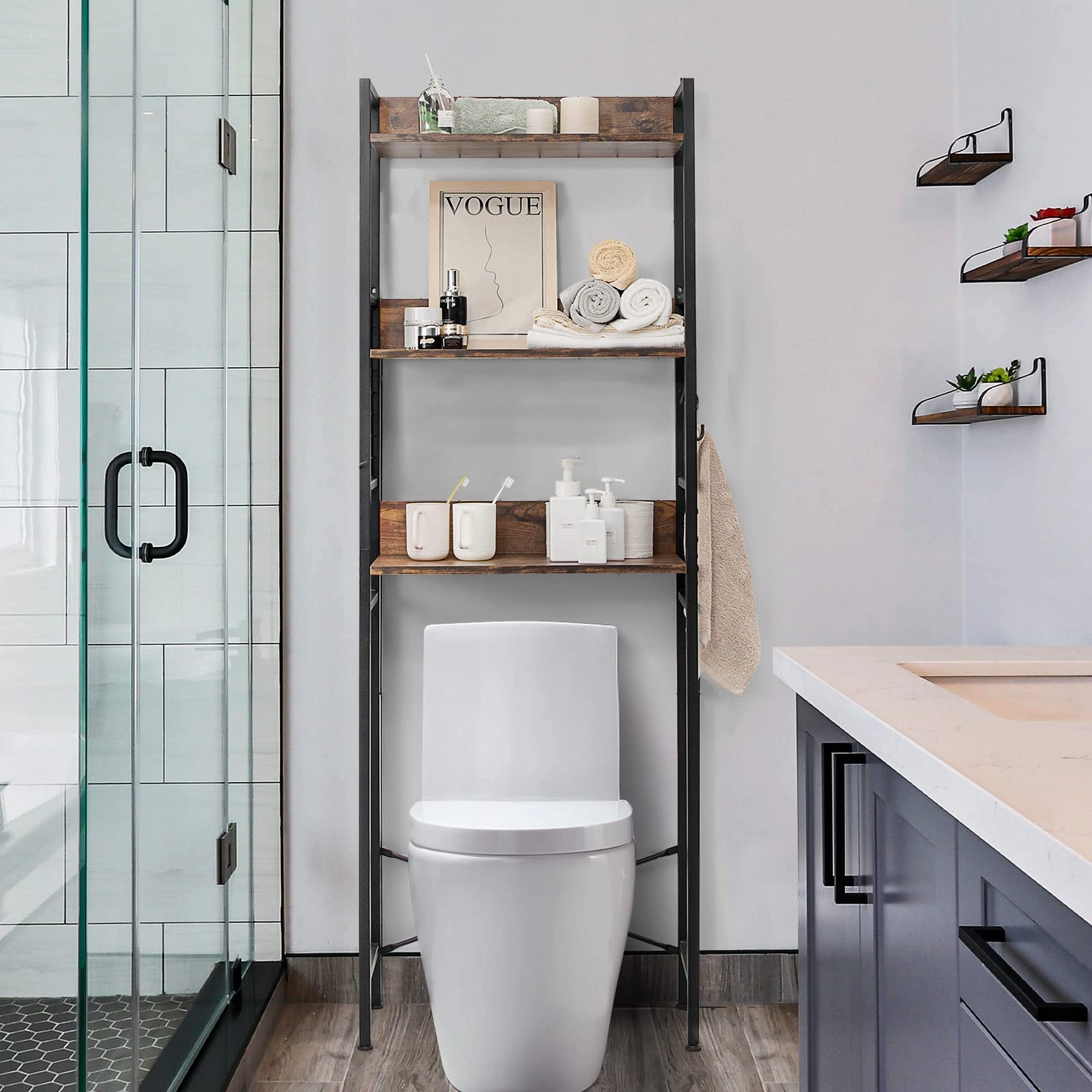 Giantex Over-The-Toilet Storage Shelf, 3-Tier Bathroom Space Saver with 3 Hooks (Rustic Brown)