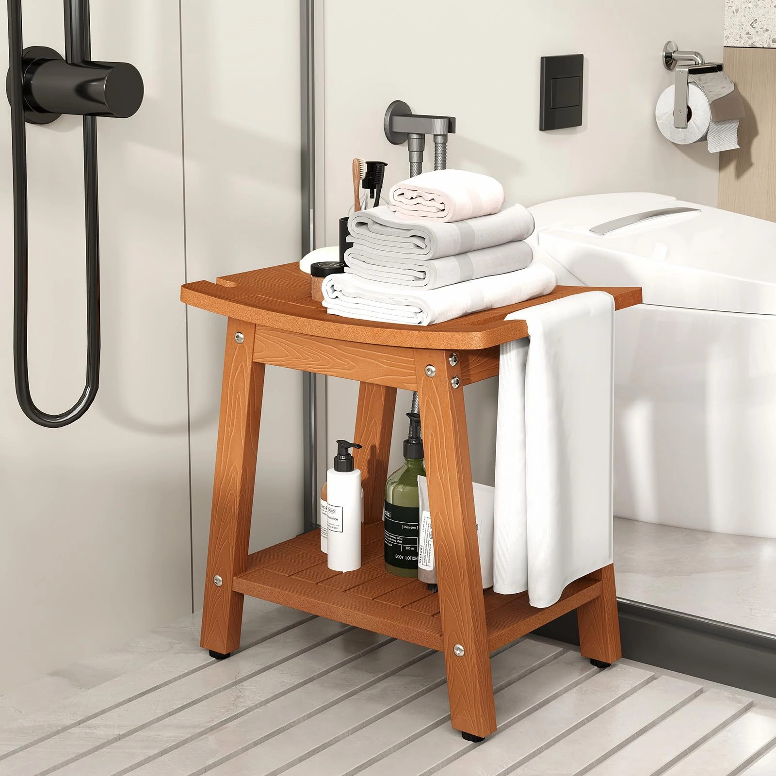 Giantex Shower Bench HIPS Waterproof Bath Spa Seat with Storage Shelf