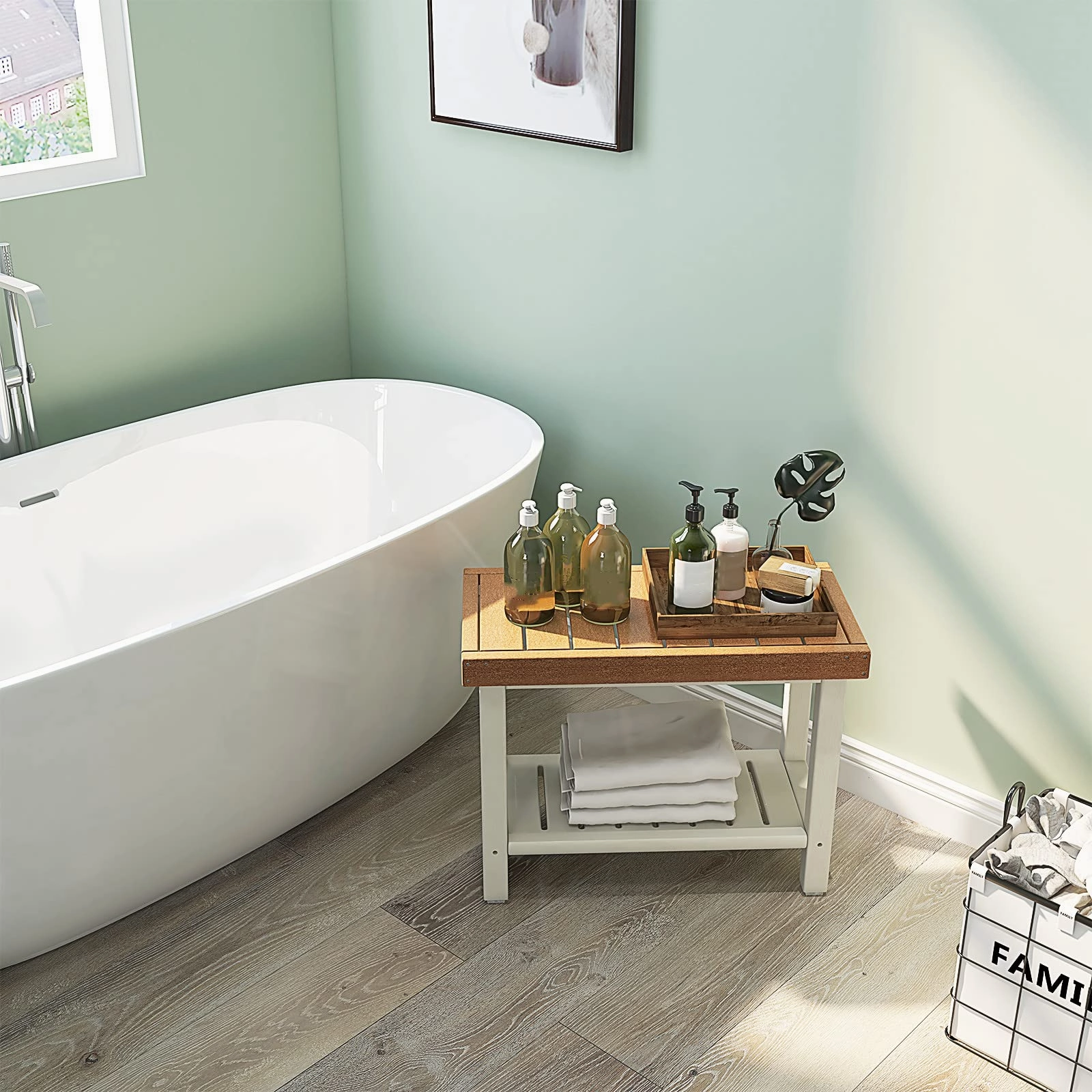 Giantex Shower Bench Stool Waterproof - HDPE Shower Seat with Storage Shelf for Shaving Legs