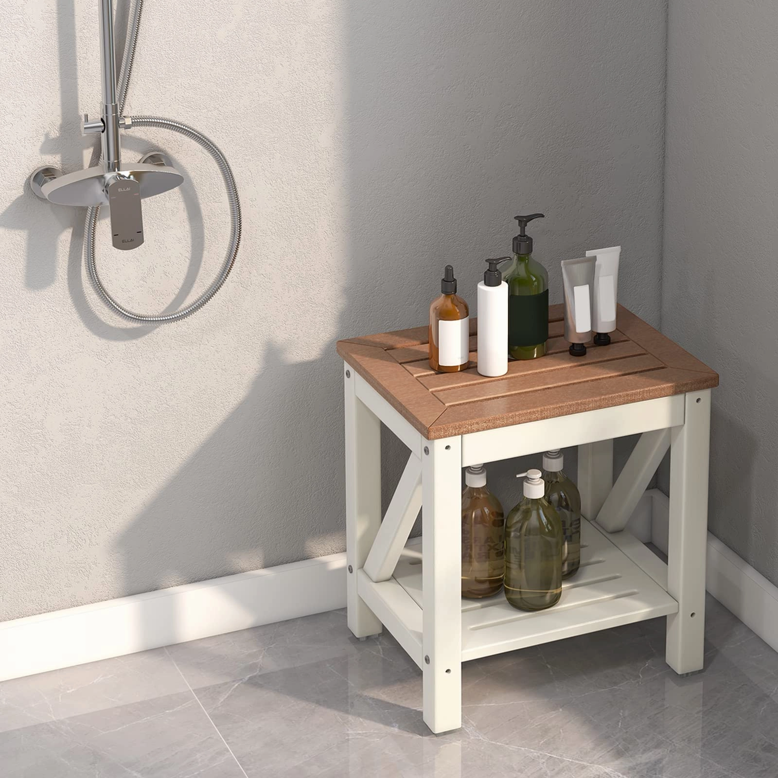 Giantex Shower Bench Waterproof HDPE - Shower Stool with Storage Shelf, 2-Tier Plastic Spa Bath Step Shower Seat