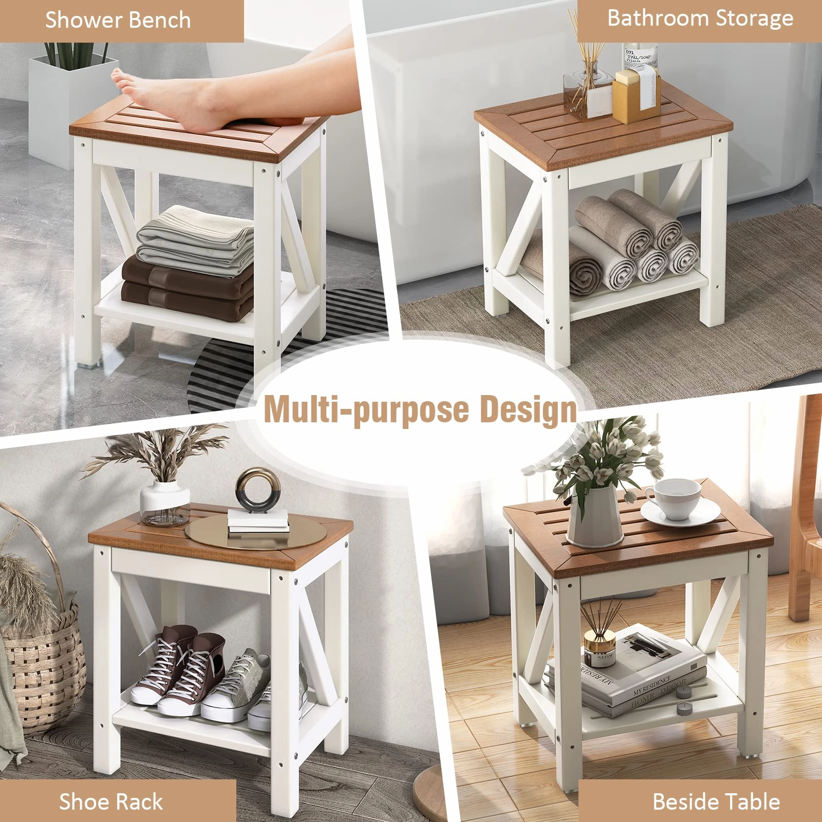 Giantex Shower Bench Waterproof HDPE - Shower Stool with Storage Shelf, 2-Tier Plastic Spa Bath Step Shower Seat