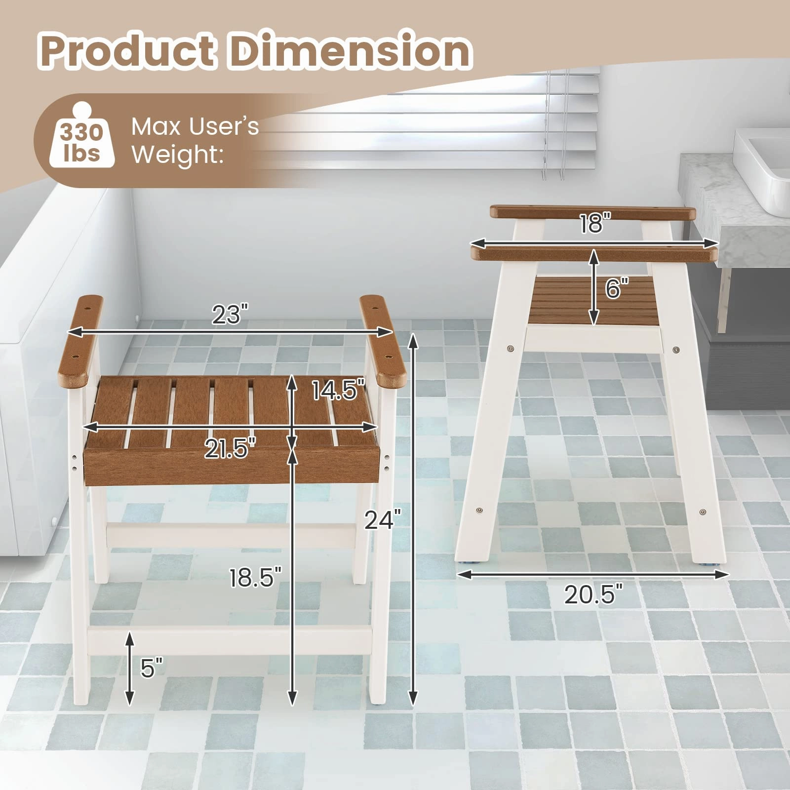Giantex Shower Bench with Arms, Waterproof HDPE Shower Stool for Bathroom, Heavy Duty Sturdy Bath Seat for Seniors Elderly