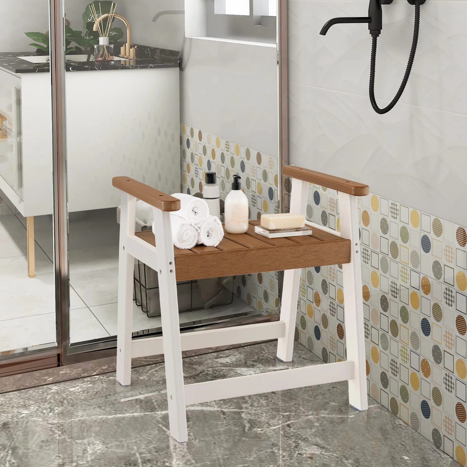 Giantex Shower Bench with Arms, Waterproof HDPE Shower Stool for Bathroom, Heavy Duty Sturdy Bath Seat for Seniors Elderly
