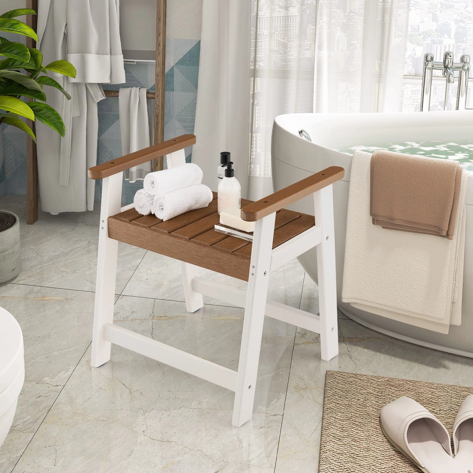 Giantex Shower Bench with Arms, Waterproof HDPE Shower Stool for Bathroom, Heavy Duty Sturdy Bath Seat for Seniors Elderly