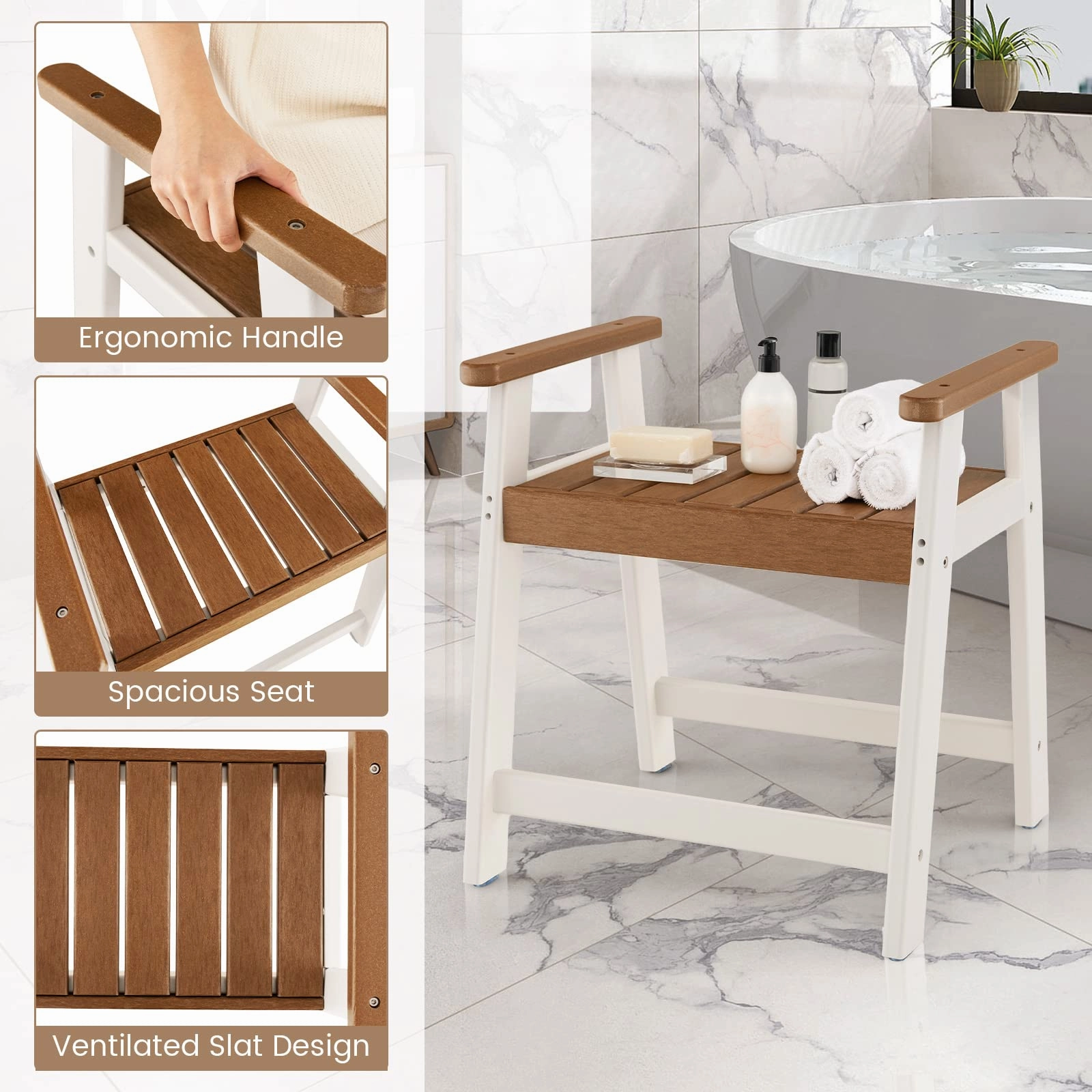 Giantex Shower Bench with Arms, Waterproof HDPE Shower Stool for Bathroom, Heavy Duty Sturdy Bath Seat for Seniors Elderly