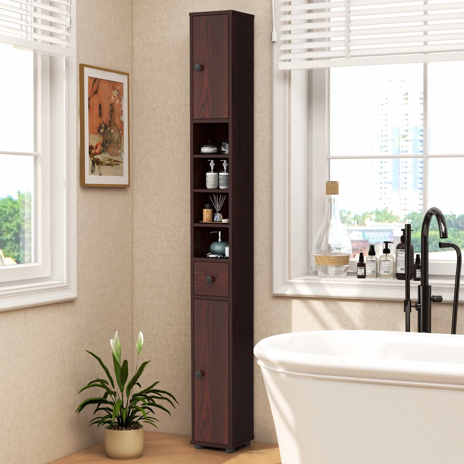 Giantex Slim Bathroom Storage Cabinet - 71" Tall Narrow Floor Cabinet Cupboard with 2 Doors, 5 Adjustable Shelves, 1 Drawer