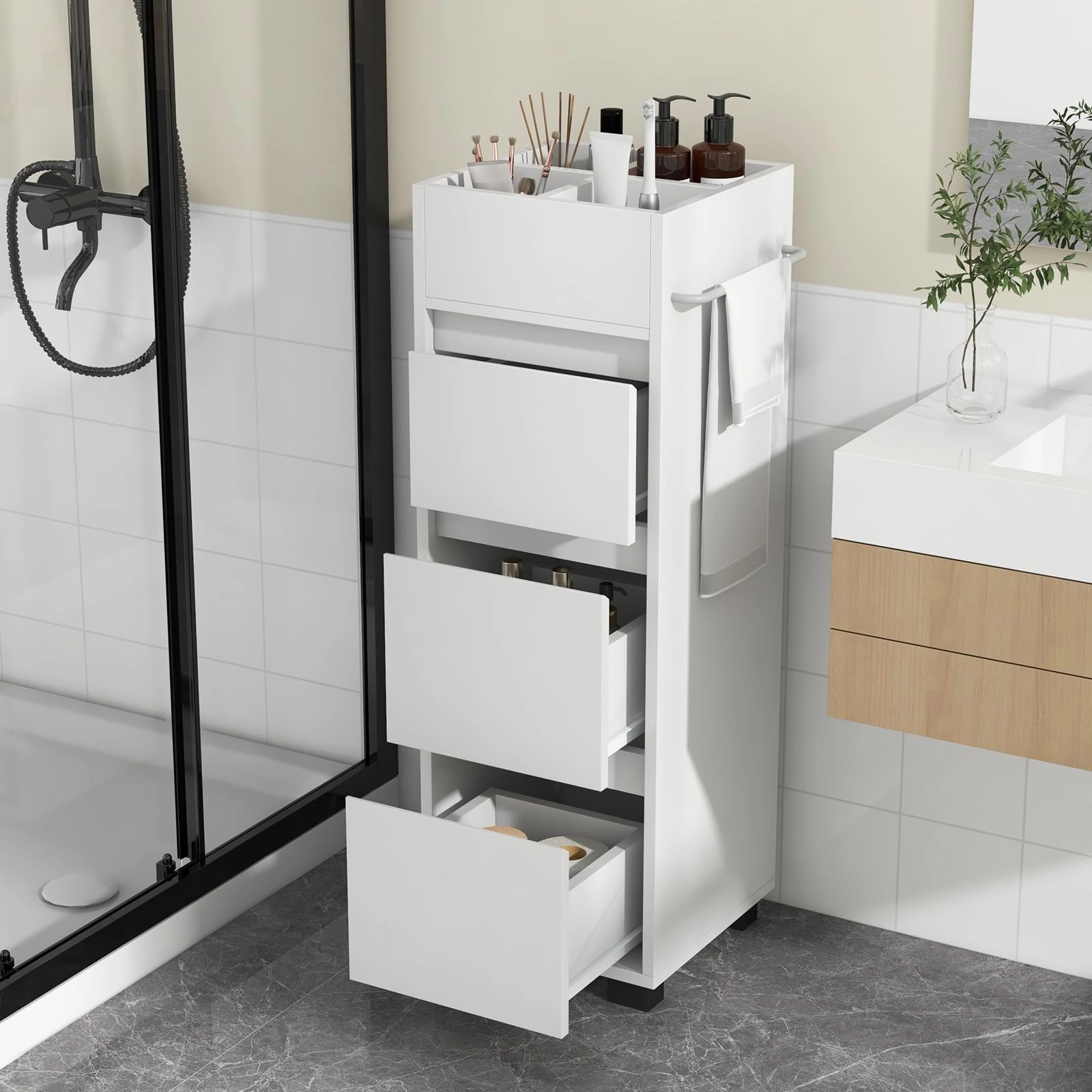 Giantex Small Bathroom Storage Cabinet - Narrow Space-saving Bathroom Cabinet with 3 Drawers