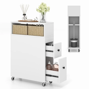 Giantex Small Bathroom Storage Cabinet - Slim Bathroom Organizer with Wheels, 2 Drawers, 2 Baskets bathroom storage cabinet, over toilet storage