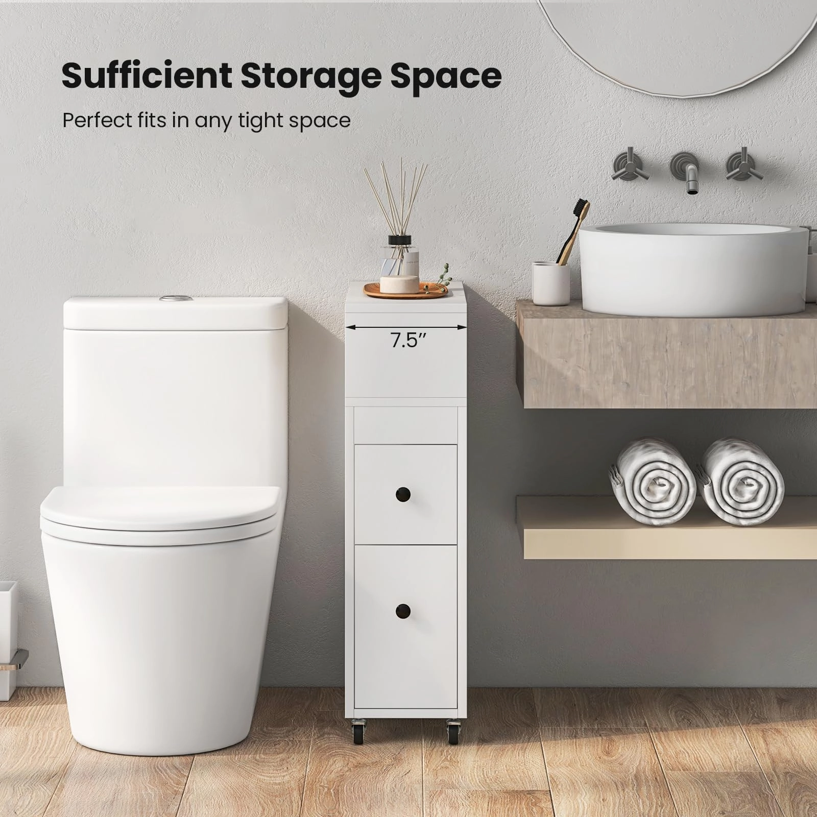 Giantex Small Bathroom Storage Cabinet - Slim Bathroom Organizer with Wheels, 2 Drawers, 2 Baskets