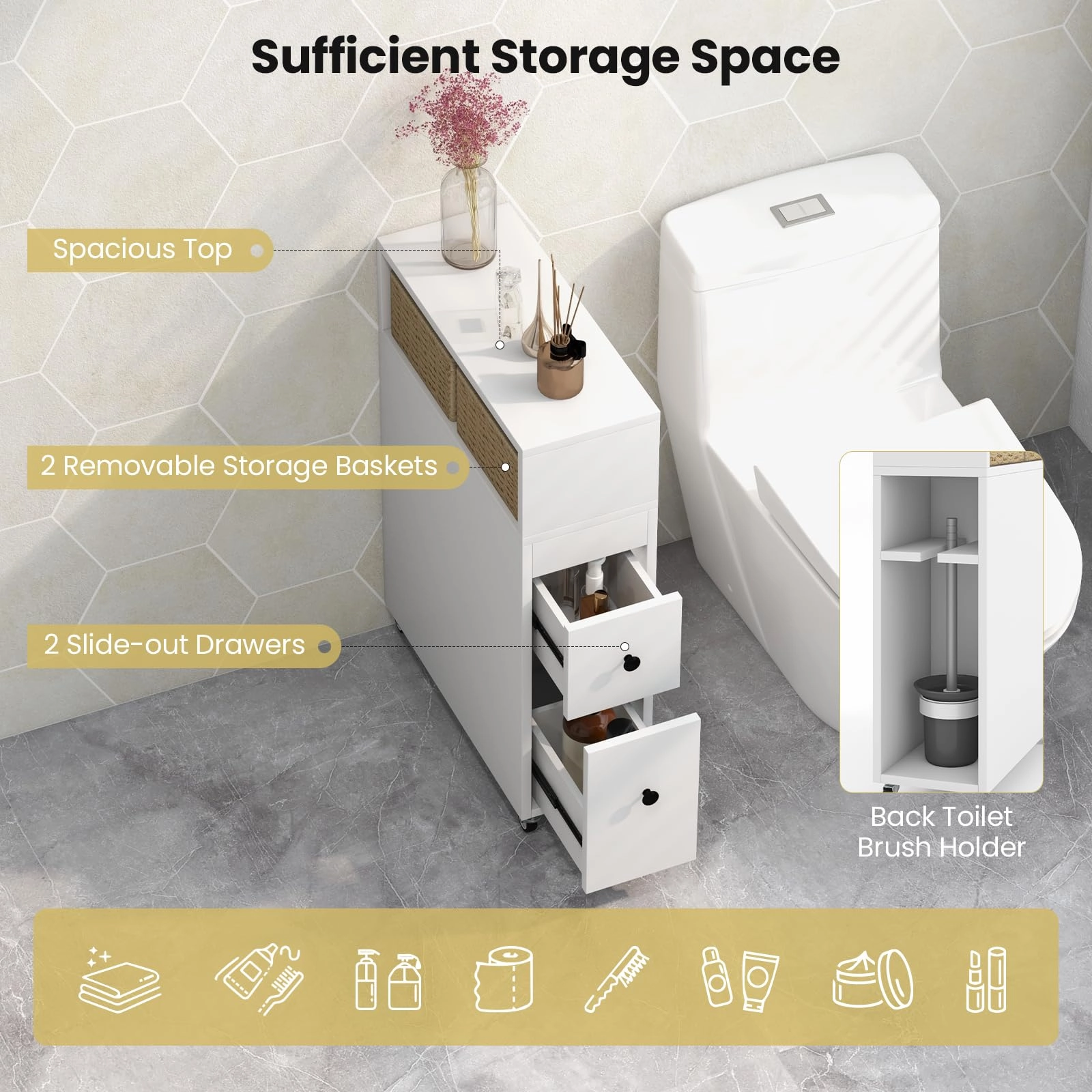 Giantex Small Bathroom Storage Cabinet - Slim Bathroom Organizer with Wheels, 2 Drawers, 2 Baskets