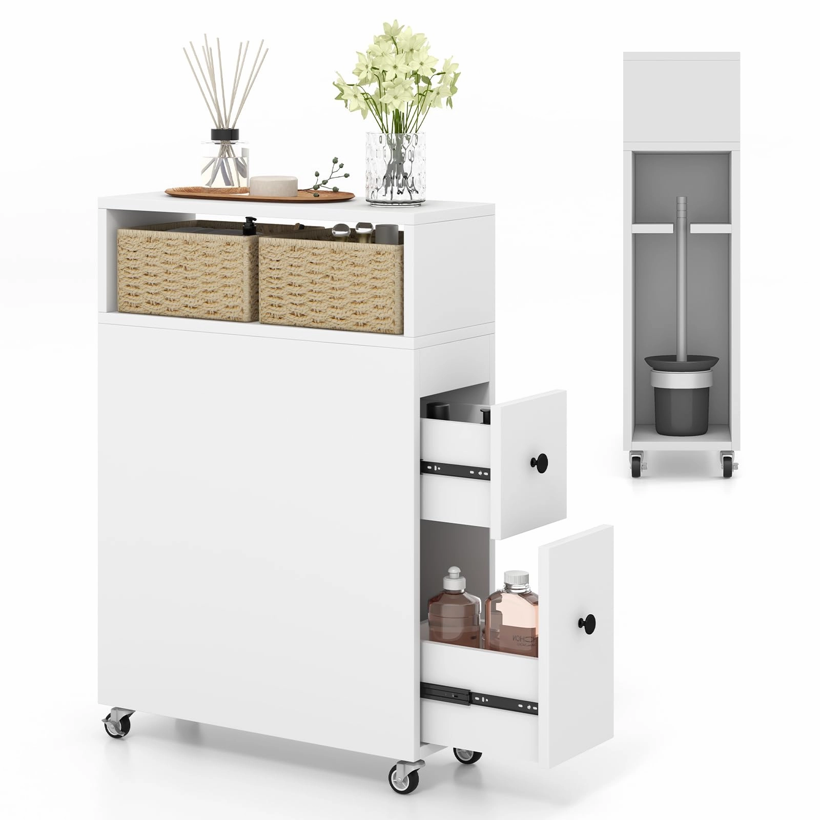 Giantex Small Bathroom Storage Cabinet - Slim Bathroom Organizer with Wheels, 2 Drawers, 2 Baskets bathroom storage cabinet, over toilet storage