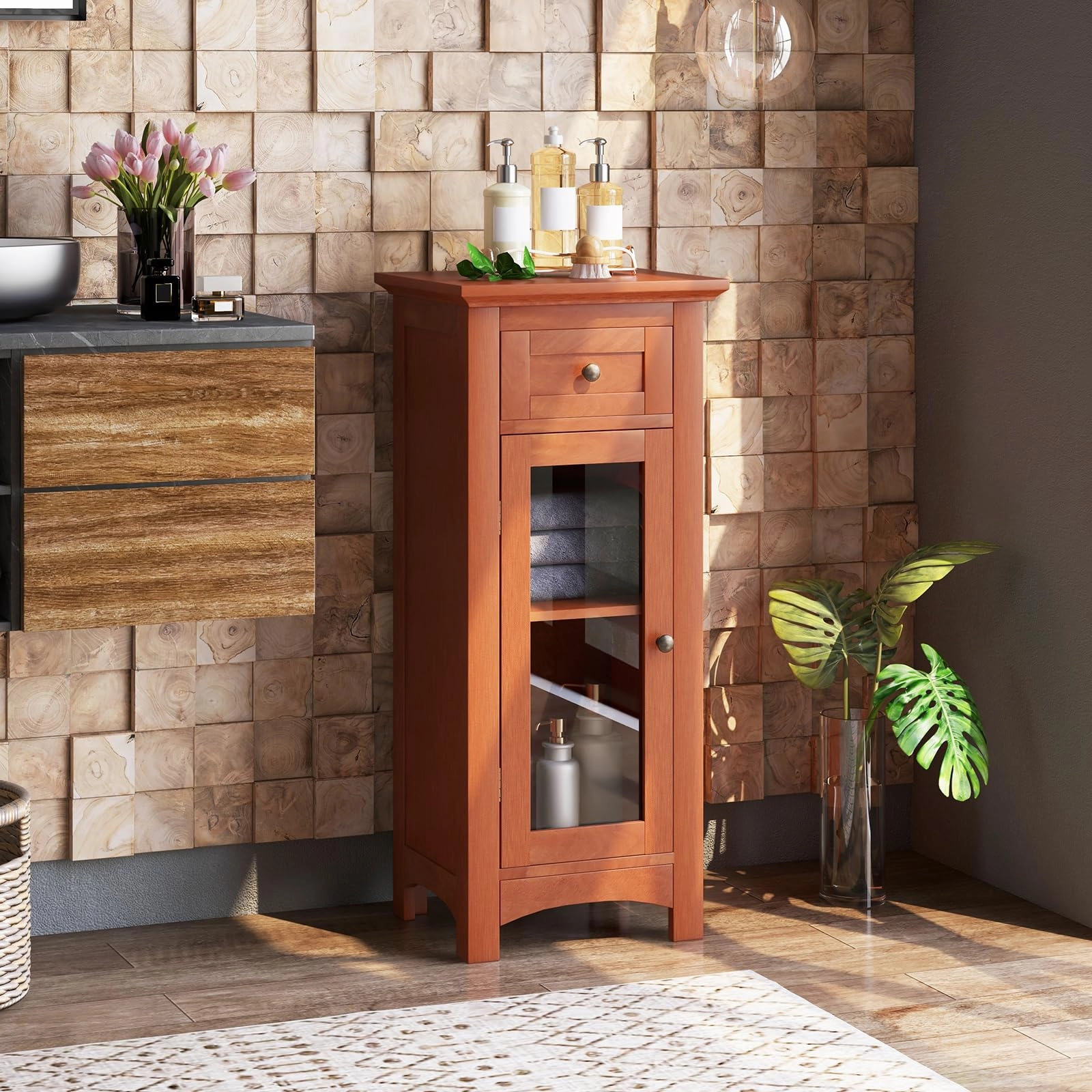 Giantex Small Bathroom Storage Cabinet, Freestanding Narrow Bathroom Cabinet with Single Glass Door, Drawer