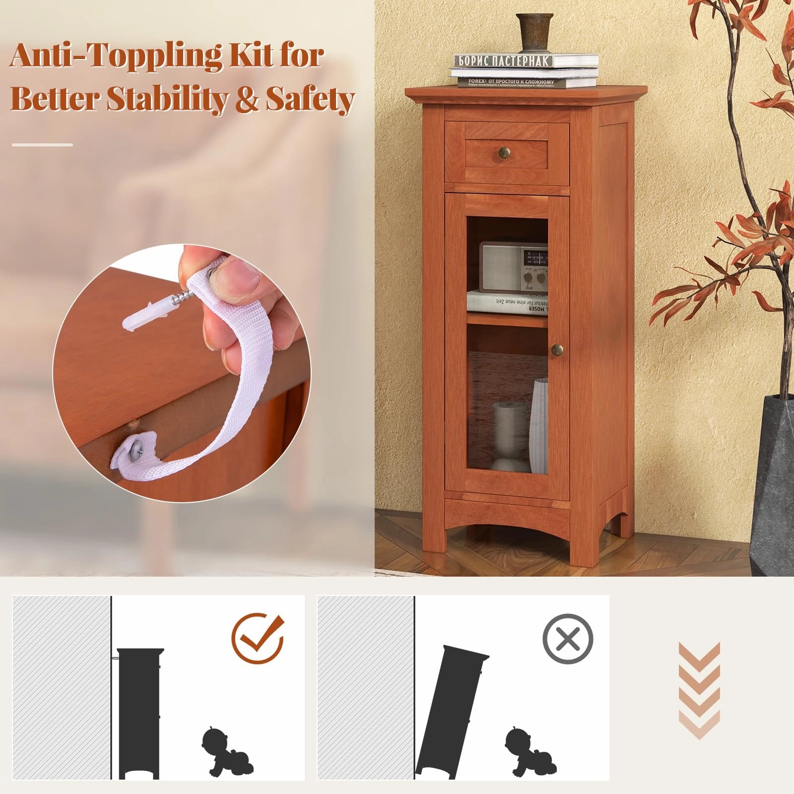 Giantex Small Bathroom Storage Cabinet, Freestanding Narrow Bathroom Cabinet with Single Glass Door, Drawer