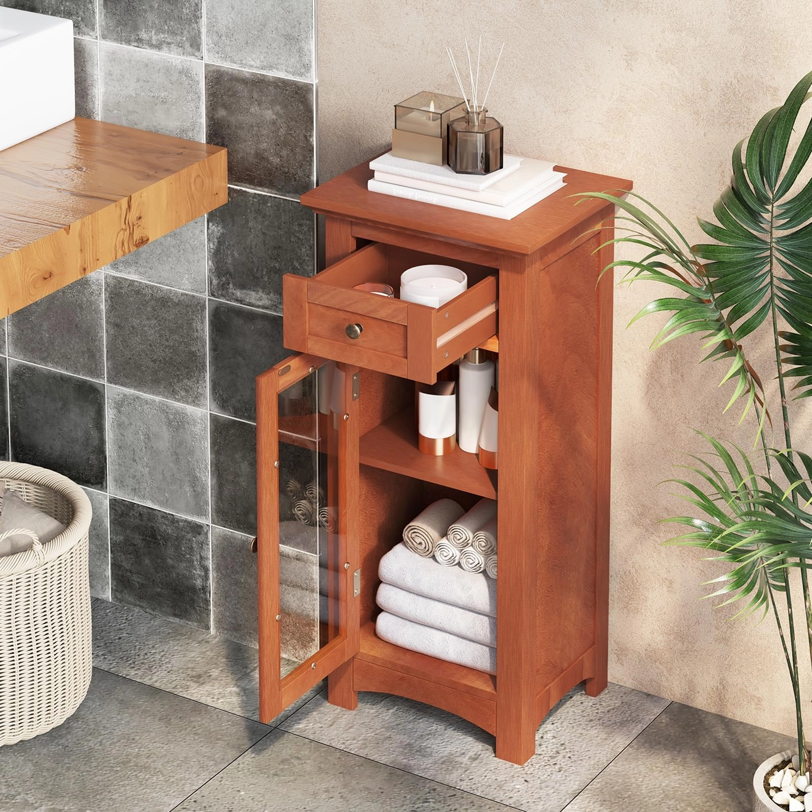 Giantex Small Bathroom Storage Cabinet, Freestanding Narrow Bathroom Cabinet with Single Glass Door, Drawer