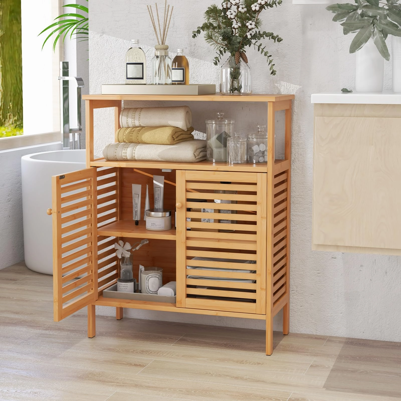 Giantex Storage Cabinet, Bamboo Bathroom Floor Cabinet with Double Louvered Doors