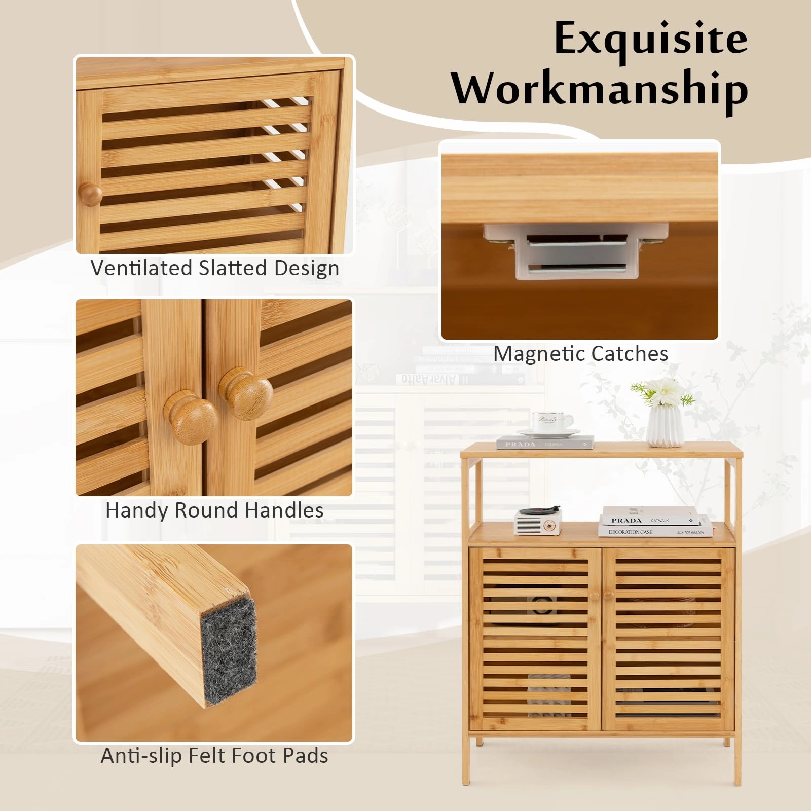 Giantex Storage Cabinet, Bamboo Bathroom Floor Cabinet with Double Louvered Doors