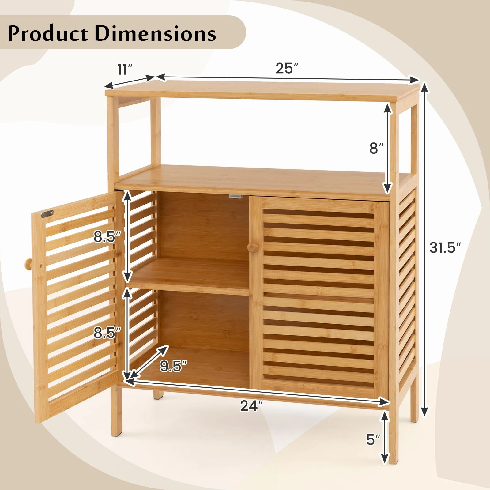 Giantex Storage Cabinet, Bamboo Bathroom Floor Cabinet with Double Louvered Doors