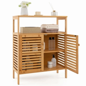 Giantex Storage Cabinet, Bamboo Bathroom Floor Cabinet with Double Louvered Doors bathroom storage cabinet, over toilet storage