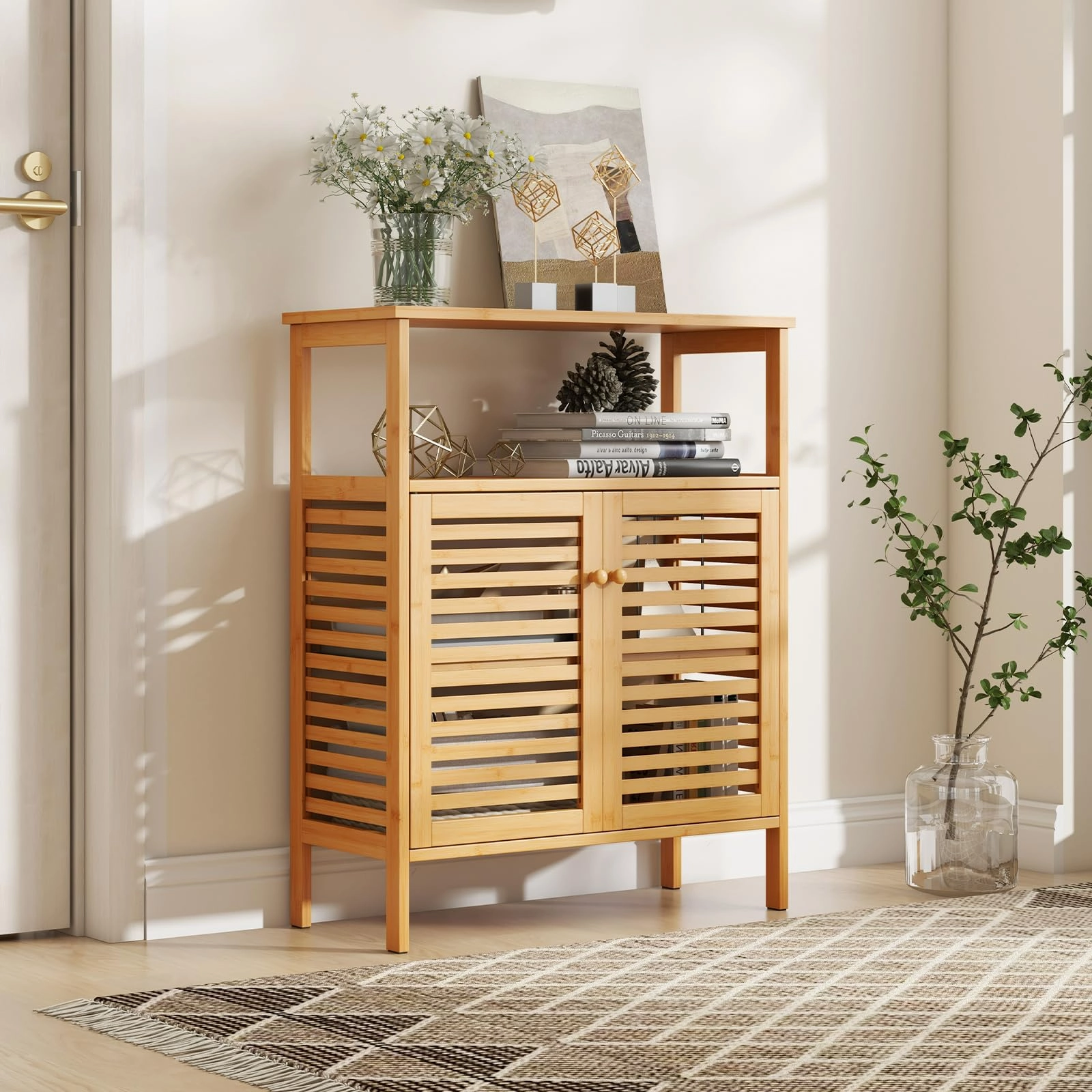Giantex Storage Cabinet, Bamboo Bathroom Floor Cabinet with Double Louvered Doors