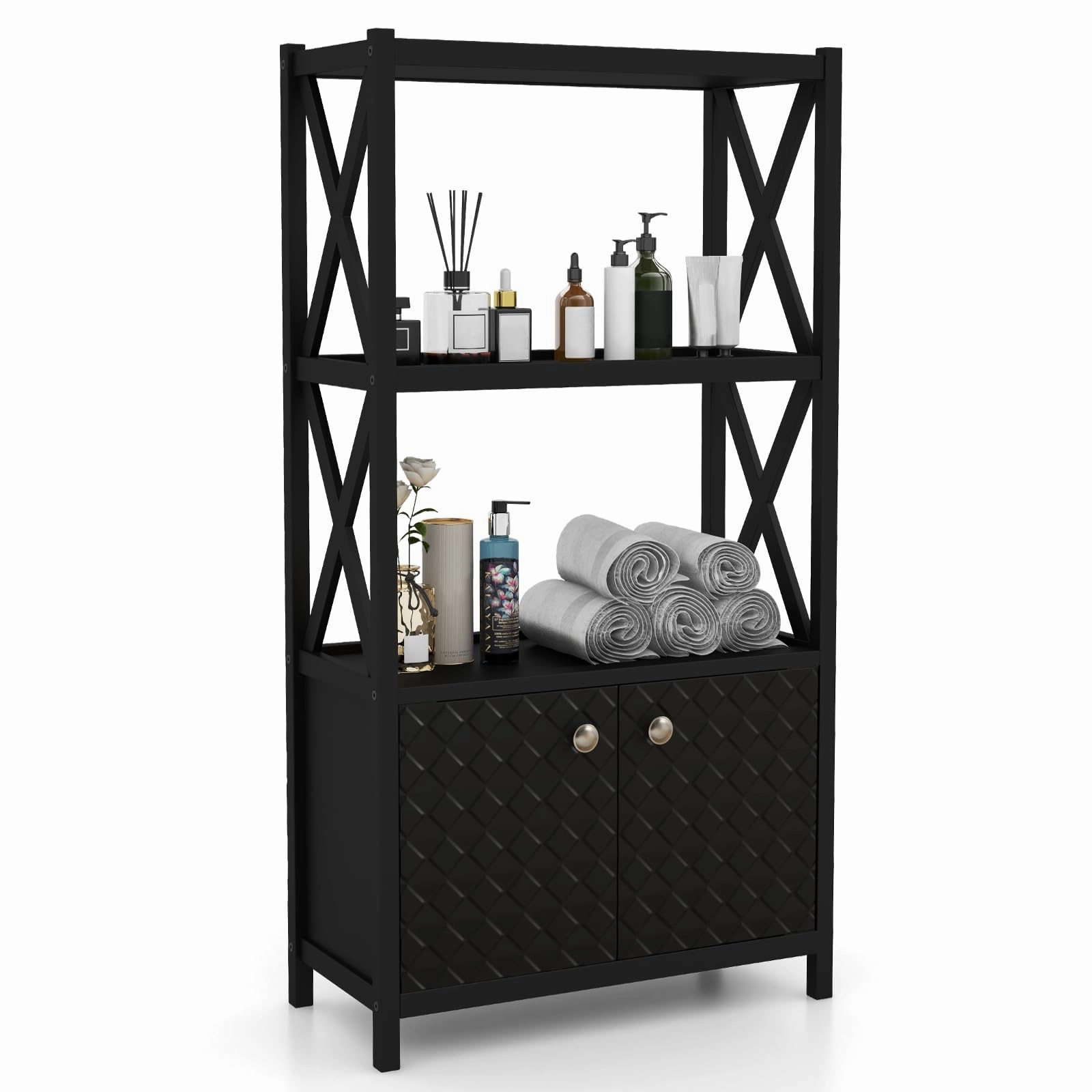 Giantex Storage Cabinet, Freestanding Storage Organizer with Open Shelves, Double Doors bathroom storage cabinet, over toilet storage