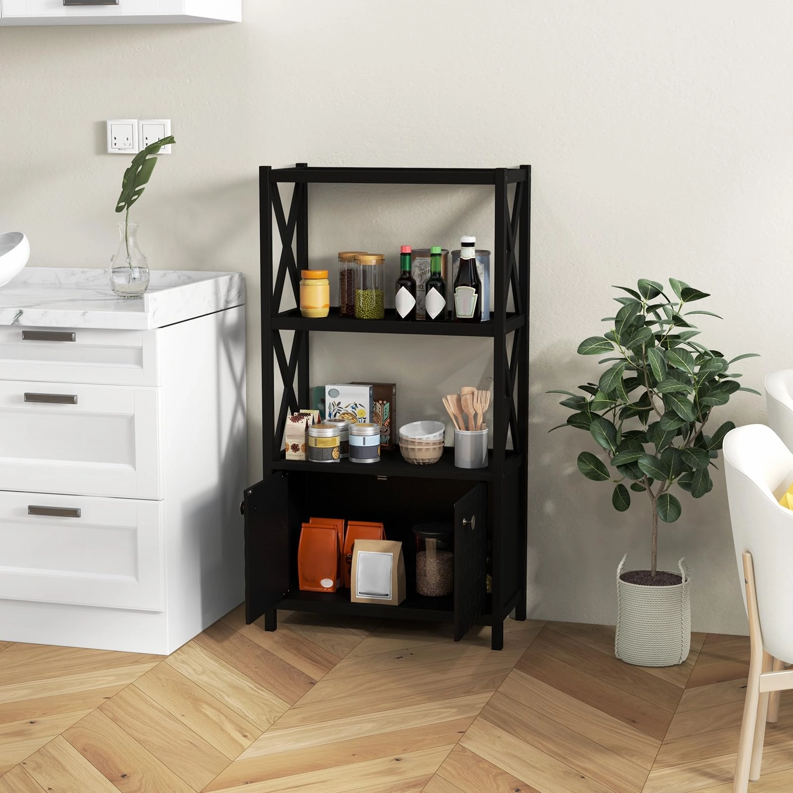 Giantex Storage Cabinet, Freestanding Storage Organizer with Open Shelves, Double Doors