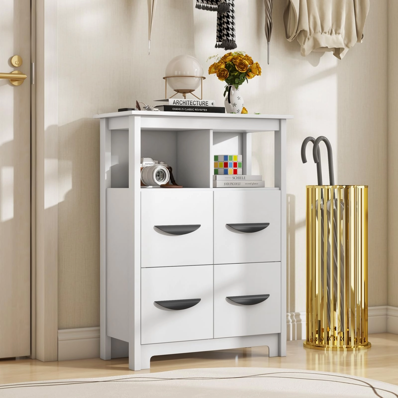 Giantex Storage Cabinet with Large Drawers, Open Storage Compartments, Anti-Tipping Kit, White