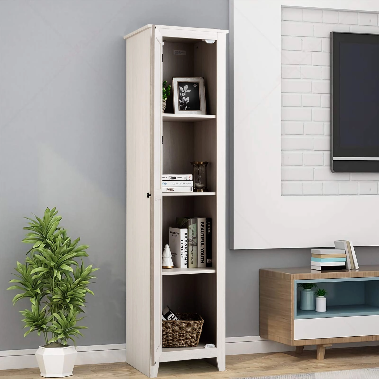 Giantex Tall Storage Cabinet Freestanding Floor Storage Tower with Four Shelves and Single Door