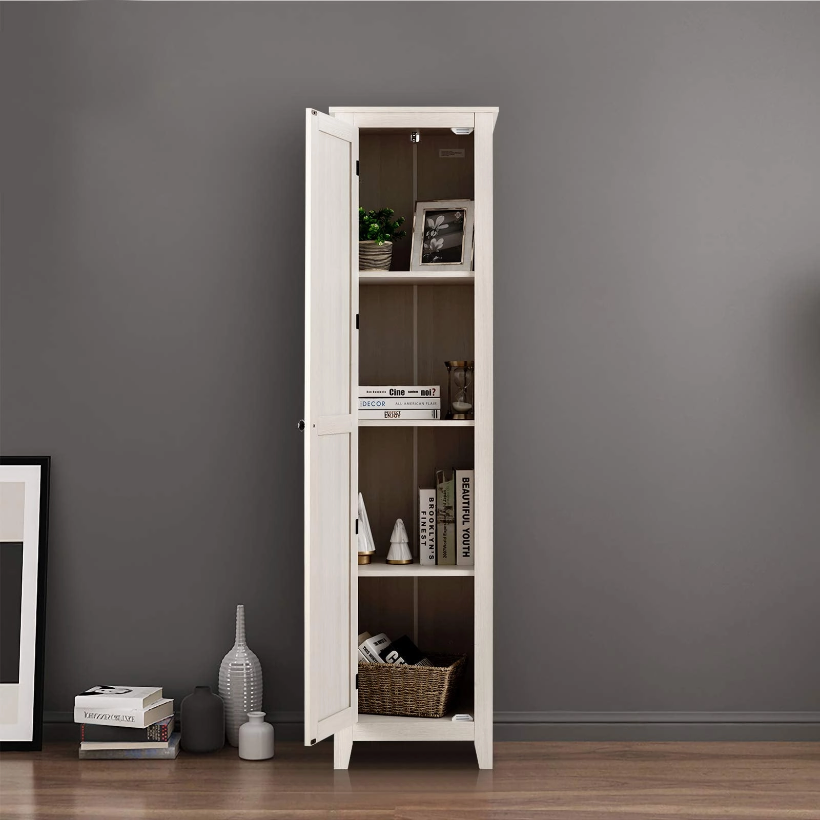 Giantex Tall Storage Cabinet Freestanding Floor Storage Tower with Four Shelves and Single Door