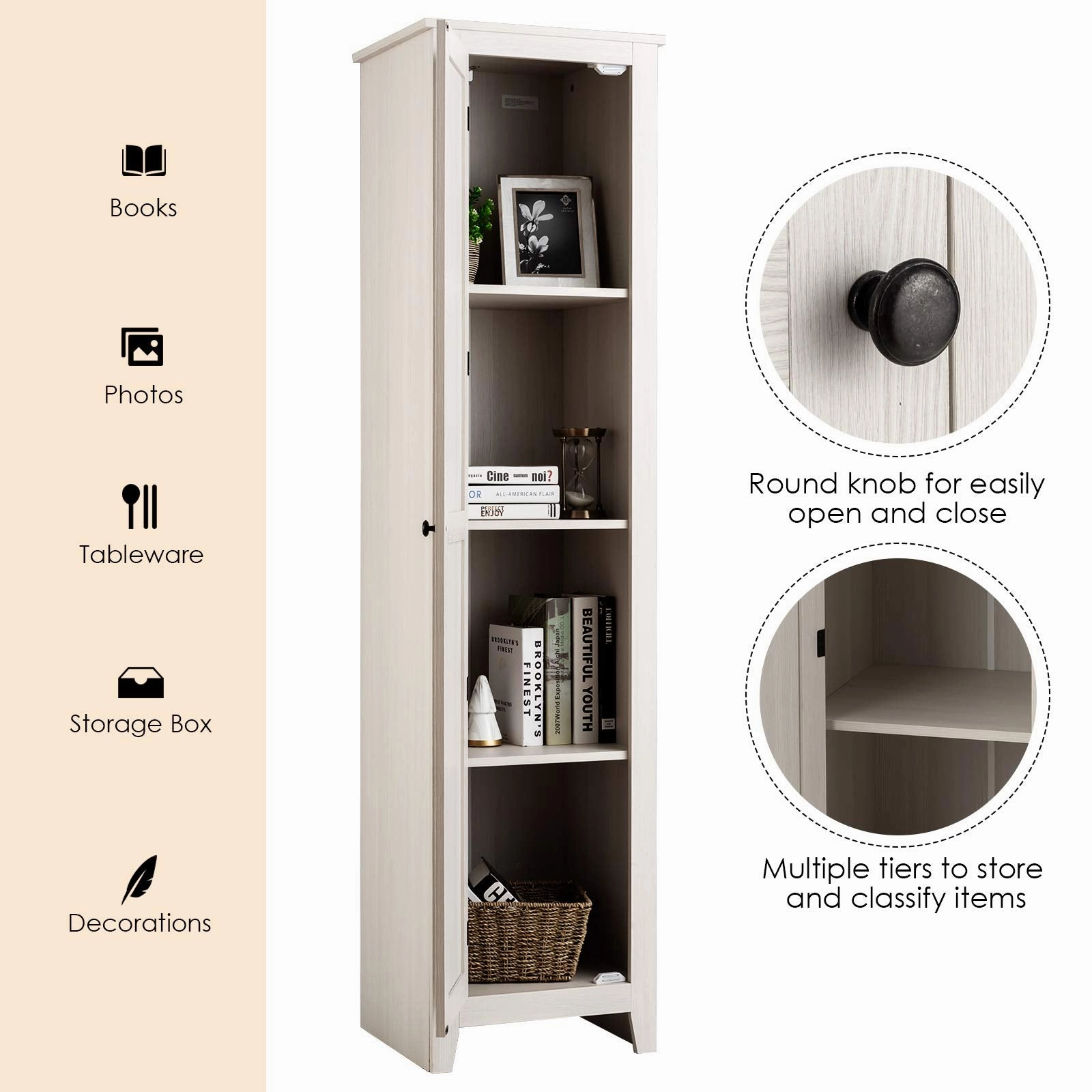 Giantex Tall Storage Cabinet Freestanding Floor Storage Tower with Four Shelves and Single Door