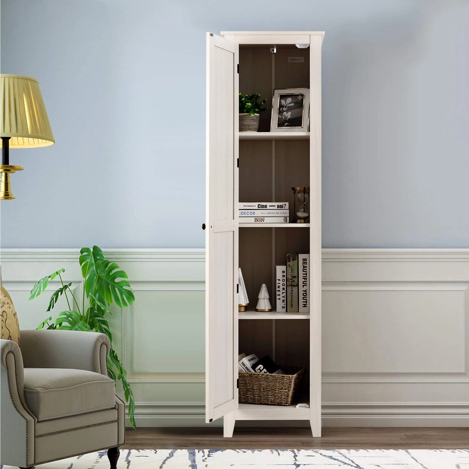 Giantex Tall Storage Cabinet Freestanding Floor Storage Tower with Four Shelves and Single Door