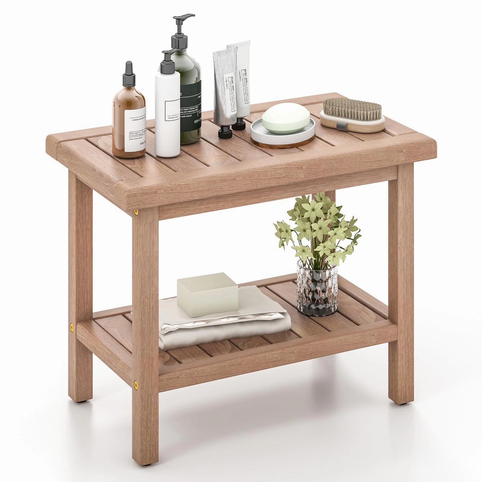 Giantex Teak Shower Bench, 21" Waterproof Spa Bath Seat with Storage Shelf and Non-Slip Foot Pads bench seat, tufted bench