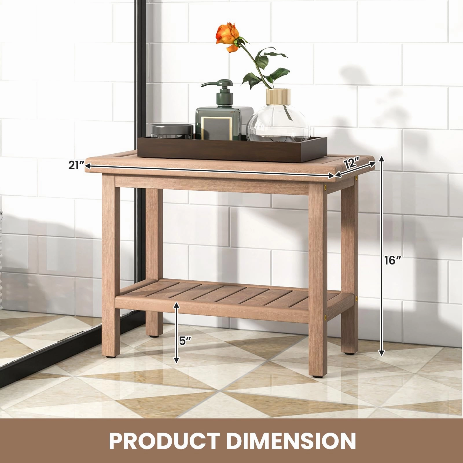 Giantex Teak Shower Bench, 21" Waterproof Spa Bath Seat with Storage Shelf and Non-Slip Foot Pads