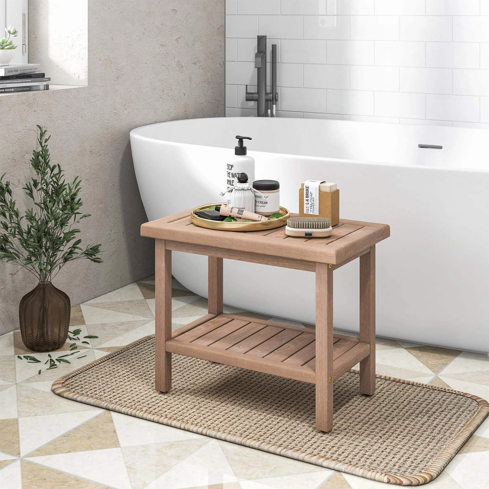 Giantex Teak Shower Bench, 21" Waterproof Spa Bath Seat with Storage Shelf and Non-Slip Foot Pads