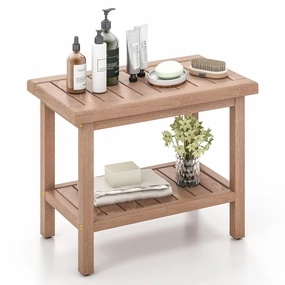 Giantex Teak Shower Bench, 21" Waterproof Spa Bath Seat with Storage Shelf and Non-Slip Foot Pads bench seat, tufted bench