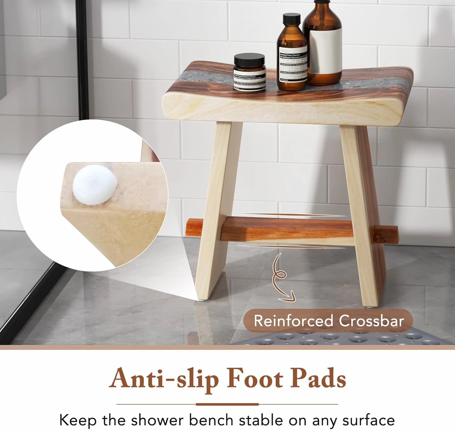 Giantex Teak Shower Bench, Fully Assembled Teak Shower Stool with Epoxy Resin Decoration and Curved Seat