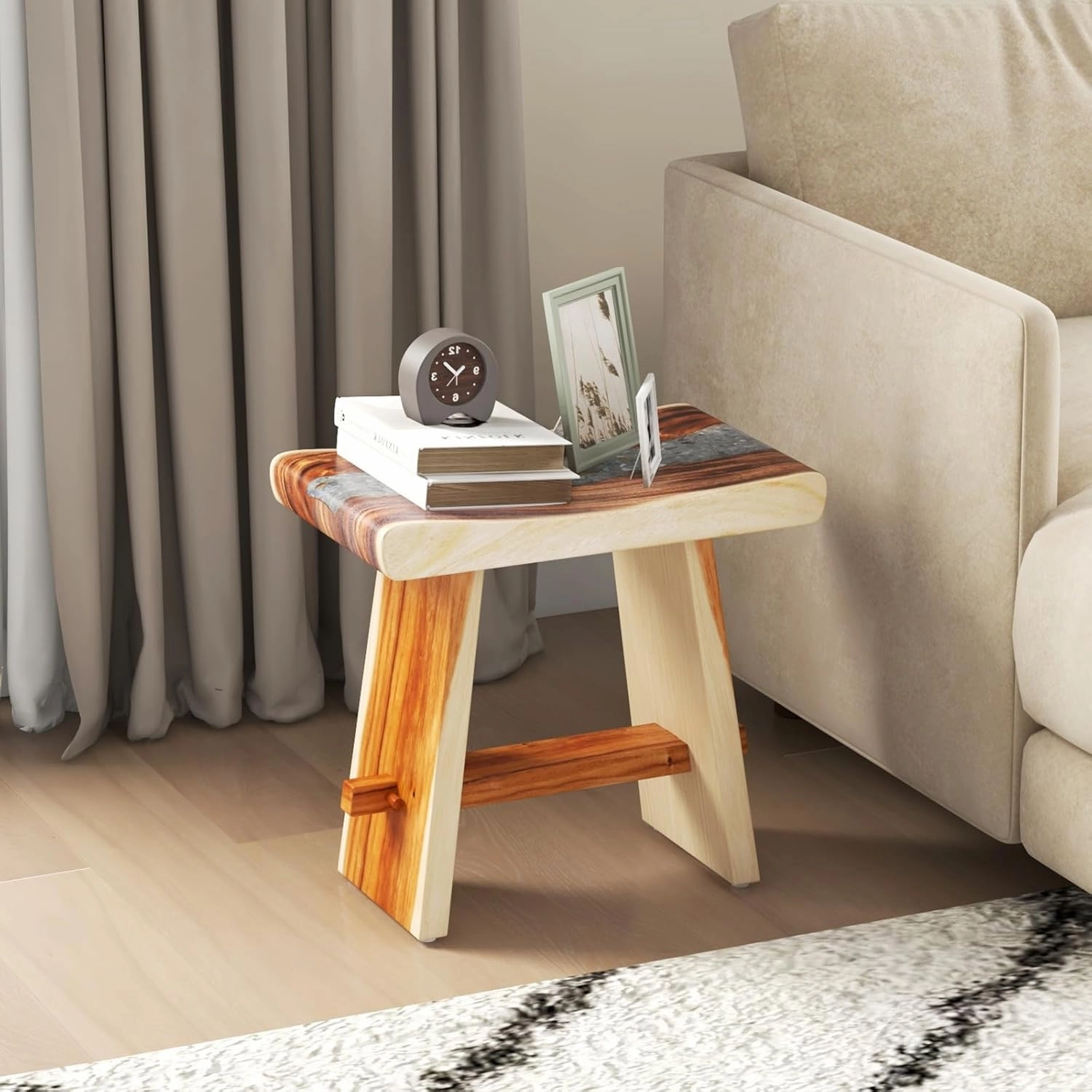 Giantex Teak Shower Bench, Fully Assembled Teak Shower Stool with Epoxy Resin Decoration and Curved Seat