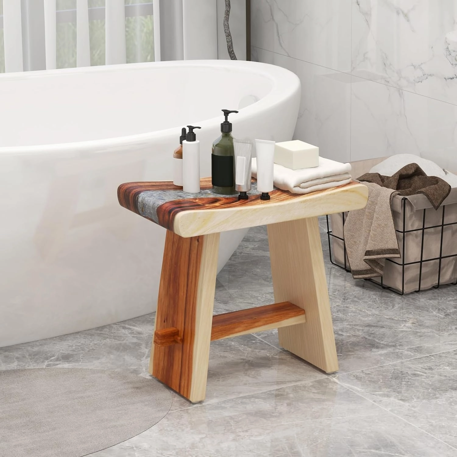 Giantex Teak Shower Bench, Fully Assembled Teak Shower Stool with Epoxy Resin Decoration and Curved Seat