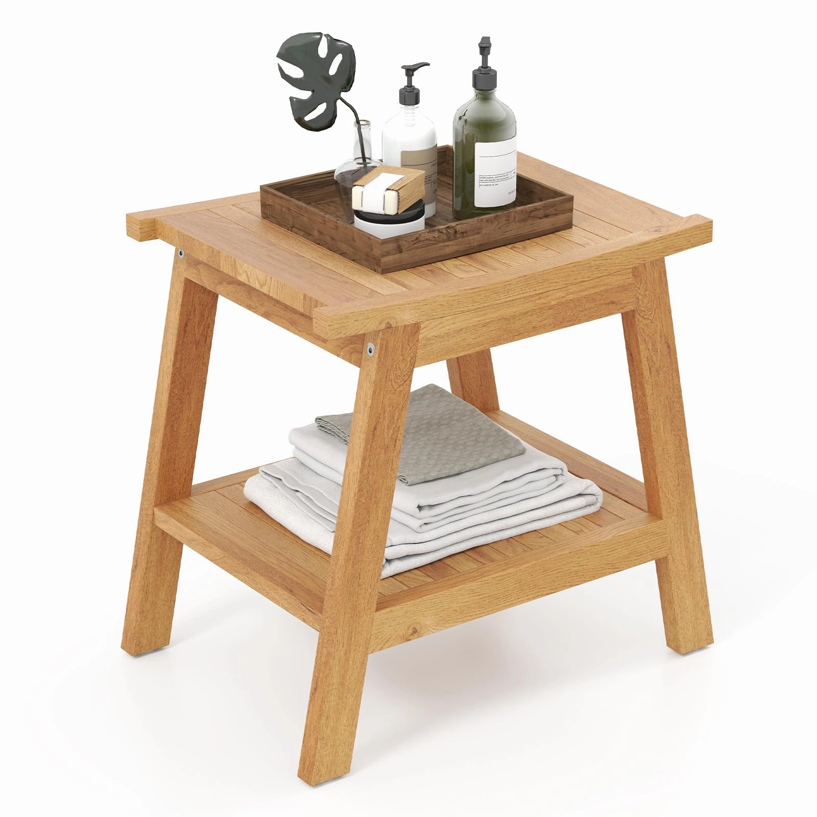 Giantex Teak Shower Bench with Shelf bathroom organizer, toilet brush holder