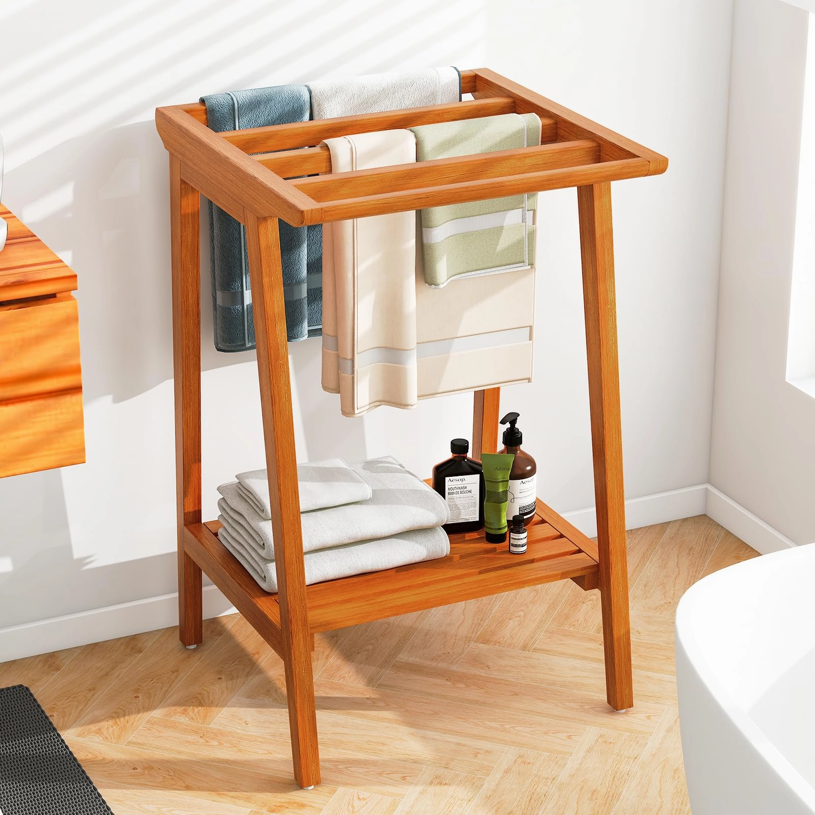 Giantex Teak Towel Rack for Bathroom, 5 Bars Freestanding Towel Racks with Storage Shelf, 19.5" L x 19.5" W x 31.5" H