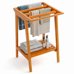 Giantex Teak Towel Rack for Bathroom, 5 Bars Freestanding Towel Racks with Storage Shelf, 19.5" L x 19.5" W x 31.5" H bathroom organizer, toilet brush holder